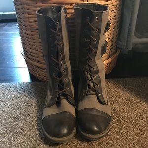Cute mid calf brown canvas and leather boot